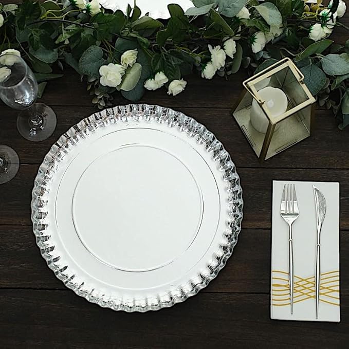 10 Silver 13 in Round Paper Serving Trays with Scalloped Rim Design - Disposable Wedding Party Tableware Supplies