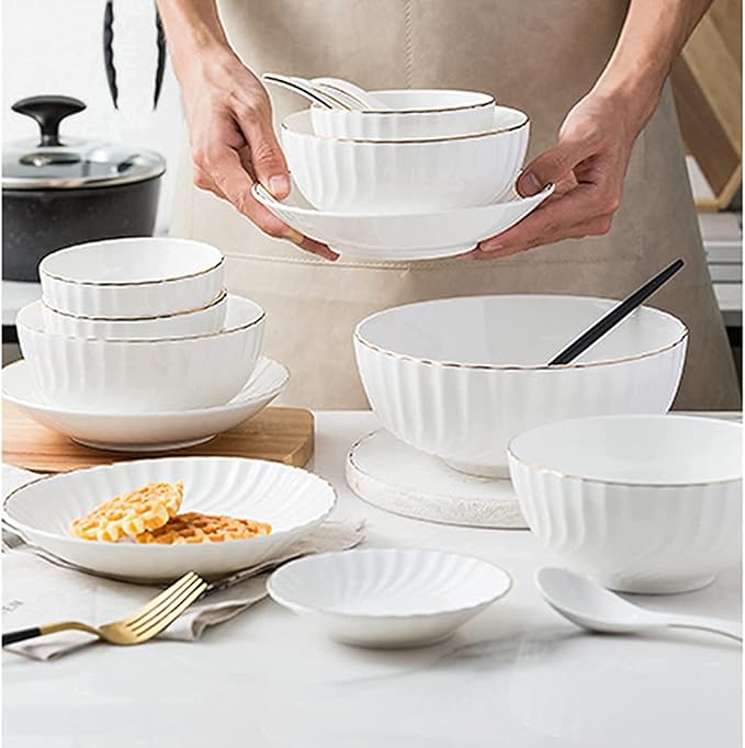 32-Piece White Dinnerware Sets, Modern European Dinner Plate and Bowl Set, Table Service for 6-8, High-end Tableware Set