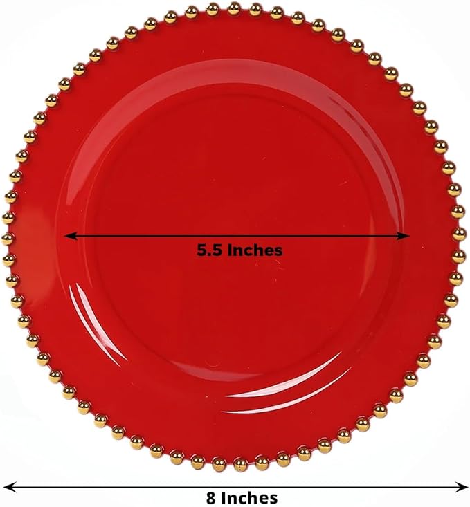 8" Salad Plates - Set of 20 - Plastic Red Round Disposable Dessert Appetizer Plate with Gold Beaded Rim, Ideal for Dinner Party Wedding Bulk Events