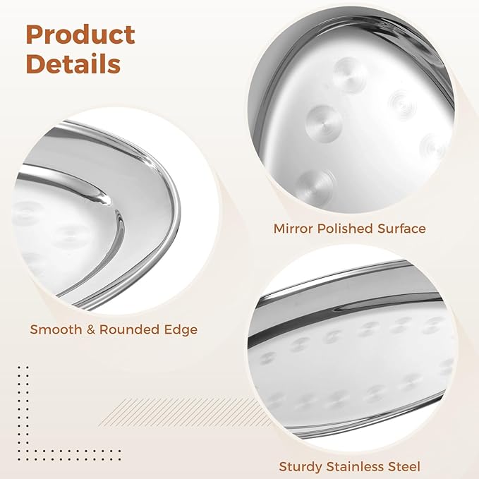 3 Oval Stainless Steel Serving Trays Set, Mirror Polished Food Tray for Dinners, Parties, Waiter'S Tray, Sizzling Platters for Restaurants