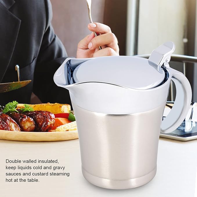 Stainless Steel Double Insulated Gravy Boat - Sauce Jug with Hinged Lid, Ideal for Gravy or Cream (Small Size 450ml)