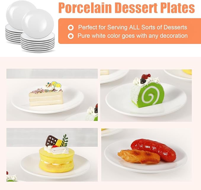 Jeffbaubl 16 Pcs Porcelain Dessert Plates, 6 inch Small Ceramic Salad Plate, Round White Appetizer Plates, Small White Plate for Appetizers, Cake, Snacks, Microwave Oven and Dishwasher Safe