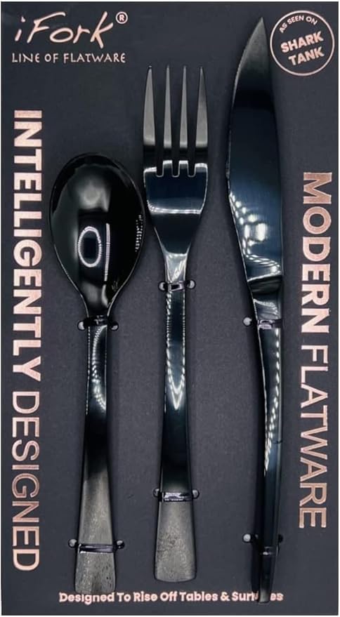 iFork BLK Collection Stainless Steel Flatware Serving Set Rises Off Tables and Surfaces. Elegant Handmade Tableware/Silverware for Home Kitchens and Restaurants | 3 Pieces iFork iSpoon iKnife Utensils