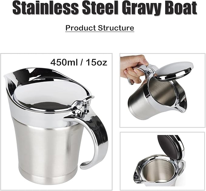 450ml/15oz Gravy Boat, Stainless Steel Double Wall Insulated Thermal Sauce Gravy Jug with Cover, Gravy Boat for Gravy Salad Custard Cream Sauce and so on
