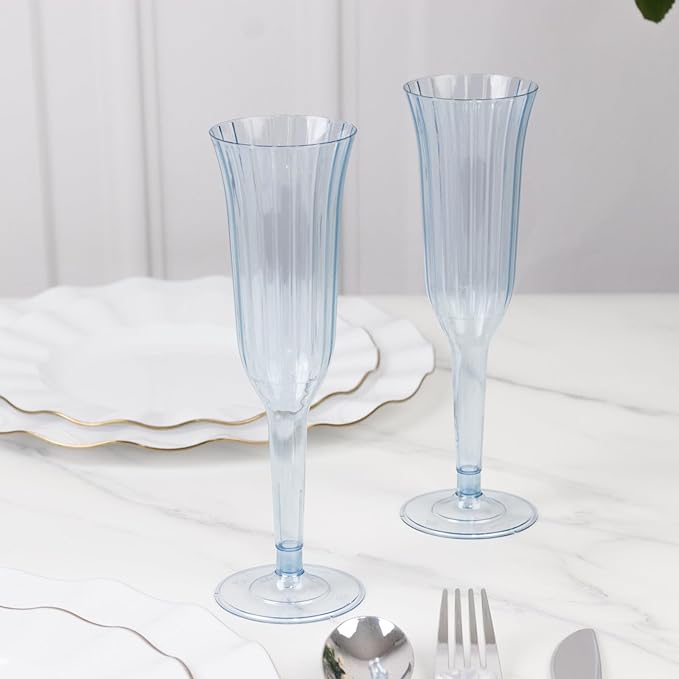 TCF Linen 12 Pack Transparent Dusty Blue Plastic Champagne Flutes, 6oz Flared Disposable Glasses Elegant Reusable Look Shatterproof Stemware for Weddings Parties Catering Toasts