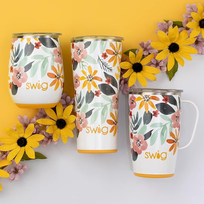 Swig Life 18oz Travel Mug, Insulated Tumbler with Handle and Lid, Cup Holder Friendly, Dishwasher Safe, Stainless Steel, Travel Coffee Cup (Honey Meadow)
