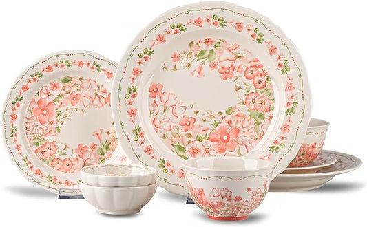 8 Piece Dinnerware Sets for 2， Scratch Resistant,microwave oven and Dishwasher Safe Plates and Bowls Sets Ceramic, Dish Set, Bowl and Plate Set -Pink peach blossom pattern