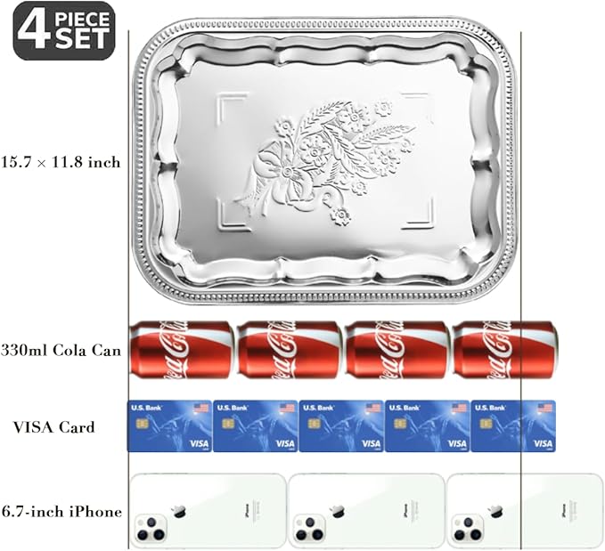 4-Pack 15.7" x 11.8" Silver Serving Trays for Party Set - Floral Engraved Serving Platters, Wedding Birthday Mirror Tray for Christmas, Food, Appetizer, Charcuterie, Cookies, Desserts