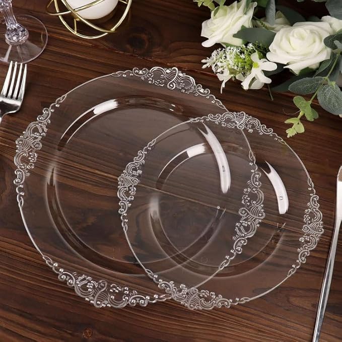 8" Salad Plates -Set of 10 - Plastic Clear Silver Round Baroque Disposable Dessert Appetizer Plate Leaf Embossed Rim, Ideal for Dinner Party Wedding Bulk Events