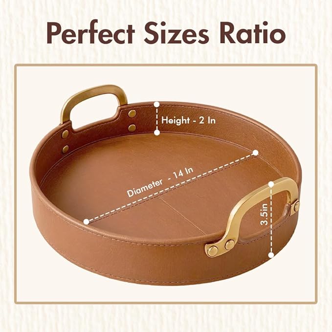 Stitched Round Leather Tray with Brass Handle Ideal for Serving Coffee Drinks Ottoman Tray for Office Home Kitchen Snack Counter Centerpiece Storage (Light Brown (14" x 14"))