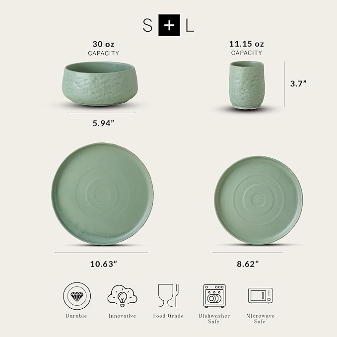 Stone by Mercer Project SHOSAI 32-Piece Stoneware Dinnerware Set, Plates and Bowls Set, Modern Dishware set fo 8, Sage