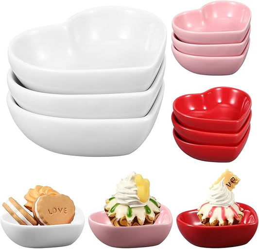 6 Pcs Heart Shaped Bowls Ceramic Dip Bowl Plates Multipurpose Salad Appetizer Plates Gifts for Candy Sauce Sushi Dipping Serving Wedding Anniversary Valentine's Day (Pink, White, Red)