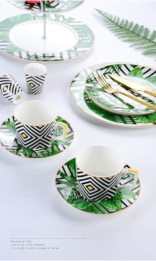 56-Piece 24K Gold Floral Design Dinnerware Set Nordic Ceramic Combi-Set Porcelain Tableware Set of Bowls/Dessert Plates/Soup Plates/Dinner Plates