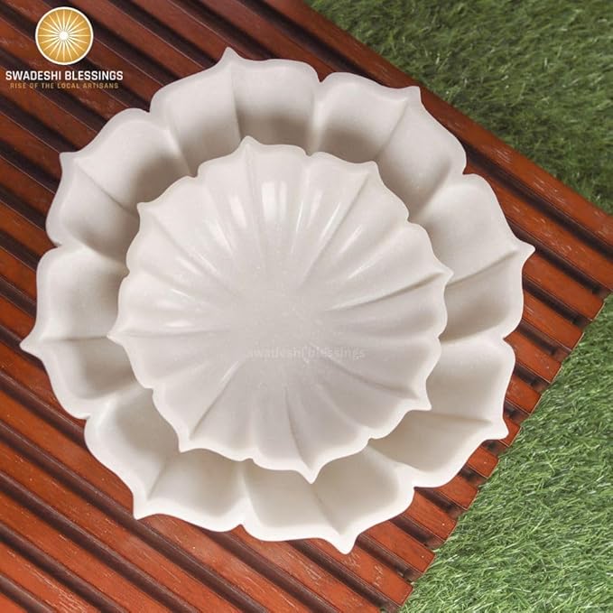 SWADESHI BLESSINGS HandCrafted Marble Lotus Bowl/Organic Modern Home Decor Bowl/Fruit Bowl/Vintage Ring Dish/Decorative Flower Dish/HouseWarming Gifts/Wedding Gifts/Urli (8 Inches)