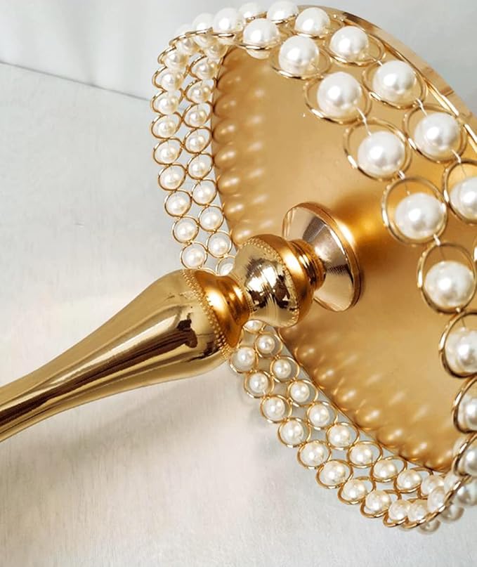 8 Inches 20cm Gold Round Mirror Cake Stand Cupcake Stands Metal Pedestal Holder with Pearls, Party Dessert Cheese Display Plate for Wedding Party Birthday Baby Shower Celebration Home Decoration