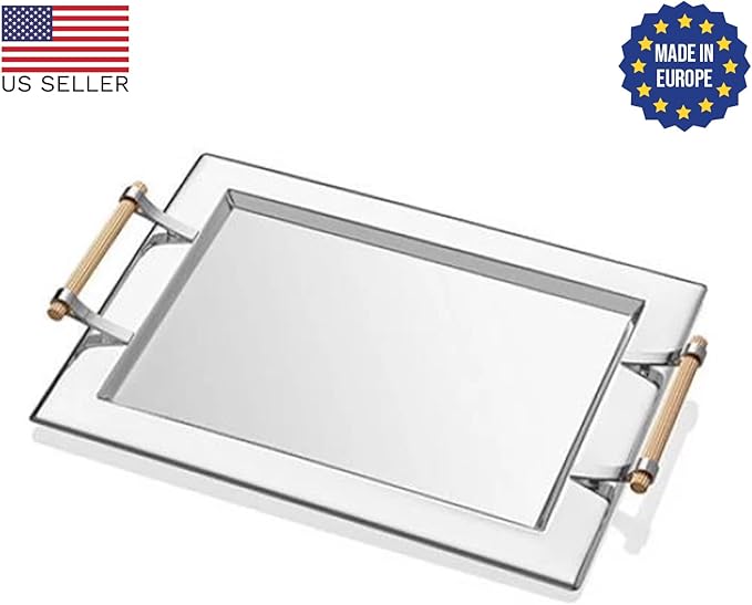 Krom Tray with Gold Colored Handles | Stylish Serving Tray | Elegant Rectangular Serving Tray | Functional Anti-Tarnish Serving Platter with Gold Handles | Decorative Tableware, Silver, 17.7 x 13.8 in