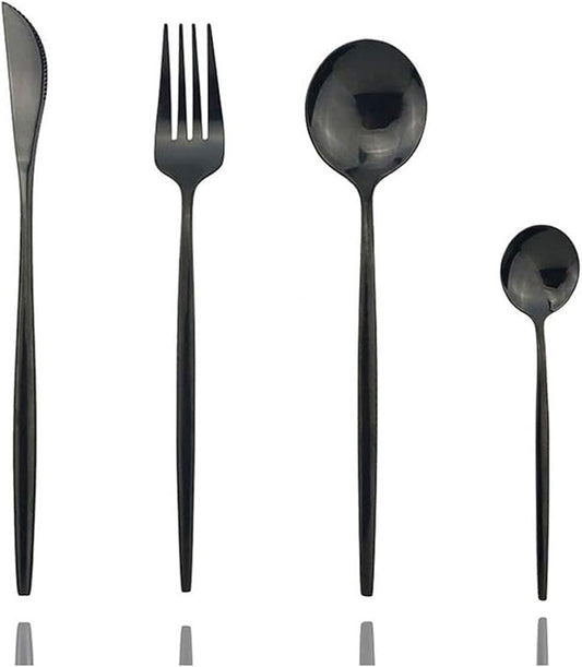 JASHII 24 Piece Titanium Plated Stainless Steel Flatware Set, 24 Black Silverware Set, Cutlery for 6 (Shiny)