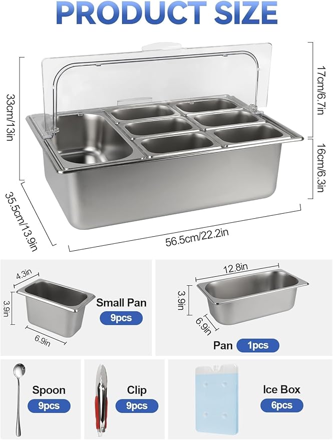 Kalolary Pizza Topping Storage Station, Stainless Steel Condiment Containers with Flip Lids Spoons Ice Box Food Tongs Ice Food Serving Display Container Salad Bar Buffet Station for Home Kitchen Party
