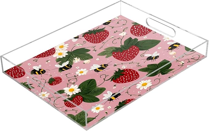 Serving Tray with Handles Clear Acrylic Tray 12x16 Inch Decorative Rectangular Tray Organizer for Ottoman Coffee Table Bathroom Pink Bees Flowers Strawberry