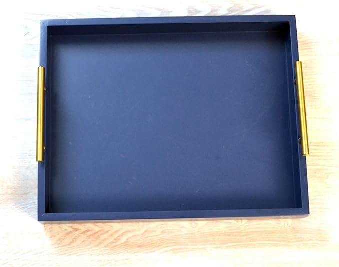 Decorative Tray with Polished Gold Metal Handles, Living Room Bathroom Coffee Bar Organizer Modern Tray for Decorative Accent Tray for Storage and Display (Sea Blue)