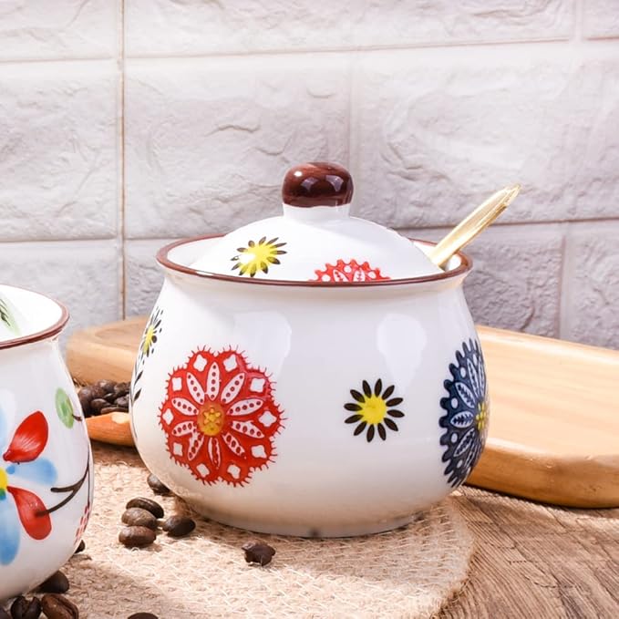 Ceramic Sugar Bowls with Spoons, Salt Jar Seasoning Container with Lid for Home and Kitchen (XYH)
