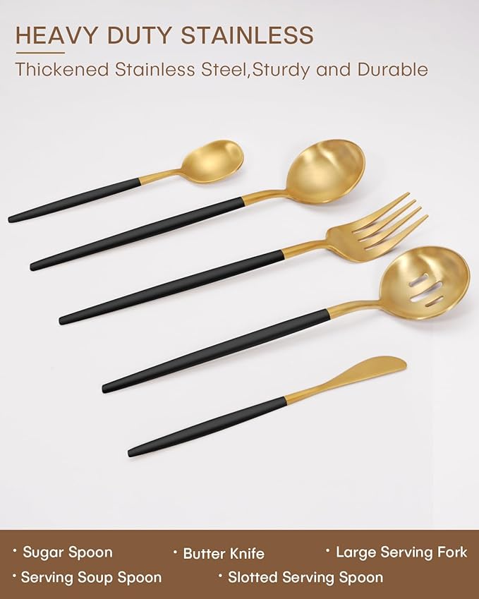 Serving Utensils,Ollex 5PCS Stainless Steel Matte Serving Utensil set include Large Serving Spoon, Slotted, Butter Knife and Sugar Spoon,Heavy Duty Hostess Utensils Serving Set for Parties Banquet
