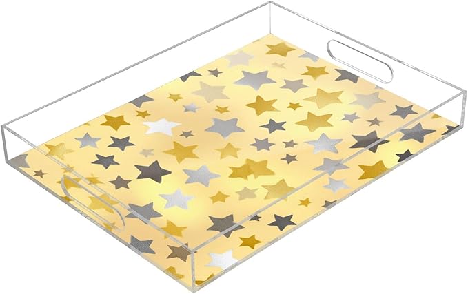 Serving Tray with Handles Clear Acrylic Tray 12x16 Inch Decorative Rectangular Tray Organizer for Ottoman Coffee Table Bathroom Cute Silver and Golden Stars