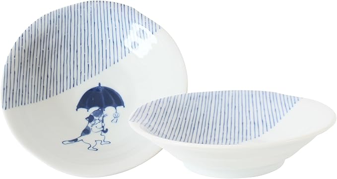 Mino ware Japanese Ceramics Pair Round Plate Japanese Cat (set of two) made in Japan GBS220 (Medium Deep, Umbrella)