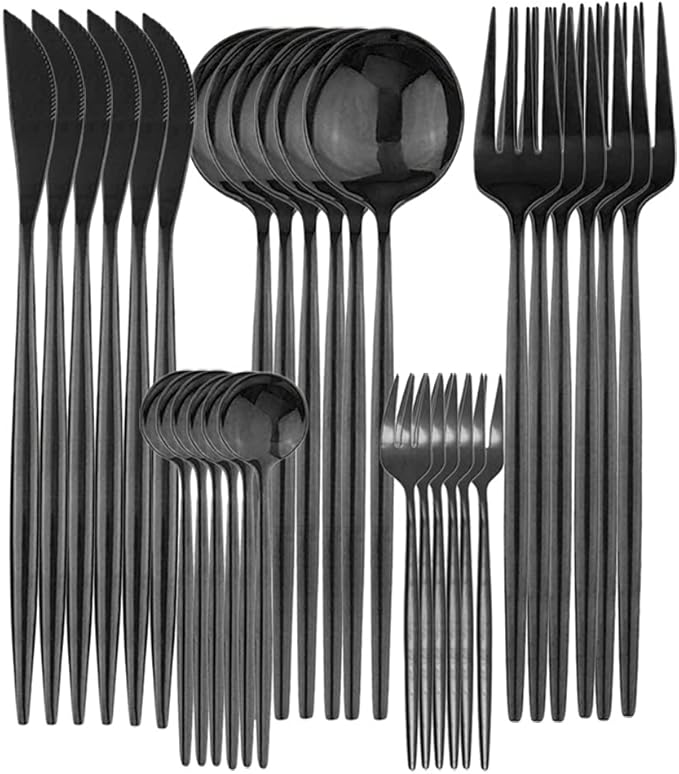 Gugrida 30-Piece Black Silverware Flatware Set 304 Stainless Steel Travel Eating Utensil for Picnic Camping Family, Service for 6, Dishwasher Safe