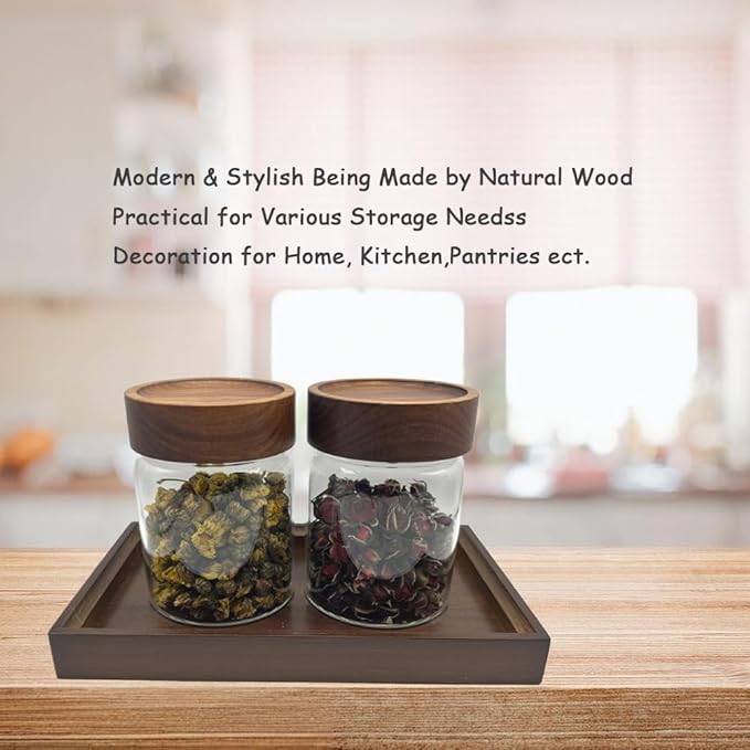 Clear Glass Storage Canister with Airtight Wooden Screw Lid 11oz/350g 2 PACK with Tray,Decorative Container Jar for Coffee,Spice,Candy,Salt,Cookie,Condiment,Pepper,Sugar,Overnight Oatmeal
