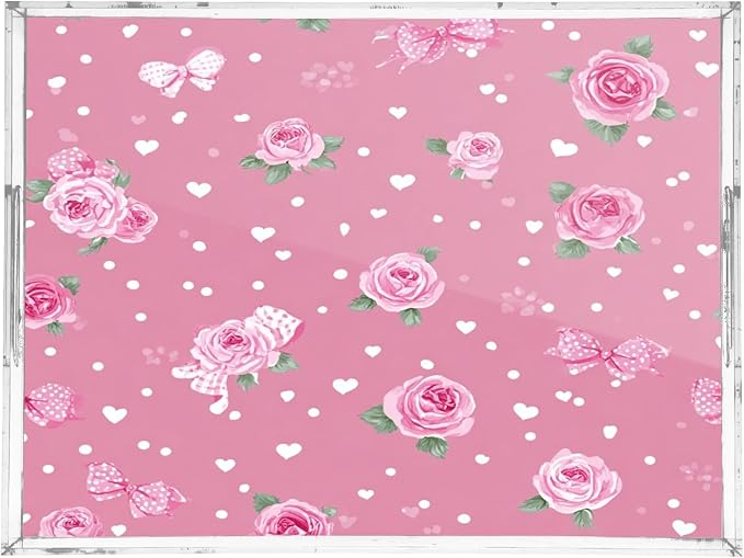 Serving Tray with Handles Clear Acrylic Tray 12x16 Inch Decorative Rectangular Tray Organizer for Ottoman Coffee Table Bathroom Pink Valentine Heart Roses Bows