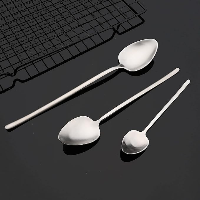 JASHII Modern Design 304 Stainless Steel 5.3" Tea Fork Set,3 prong Small Cake Fruit Forks and 5.4" Coffee Spoons Frosted Handle for Coffee Ice Cream Sugar Parties Events Wedding - Silver