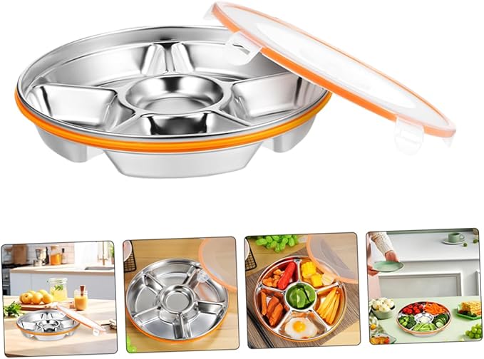 Divided Stainless Steel Serving Tray with Lid Six Compartment Fruit and Veggie Platter Easy Clean Snack Organizer for Family Meals Picnics and Office Lunches