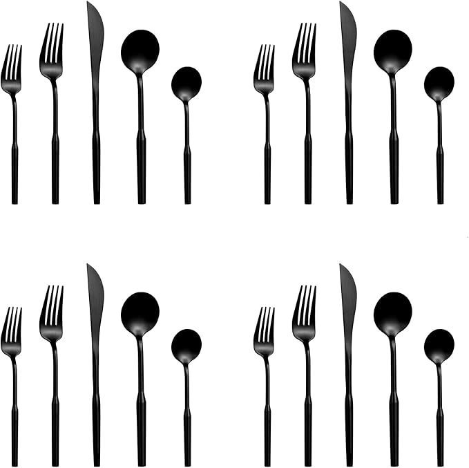 Matte Silverware Eating Utensils Set, 20-Piece Stainless Steel Flatware Set, Kitchen Utensil Set Service for 4, Durable Home Kitchen Silverware,Luxury Cutlery Set. (Black, 20)