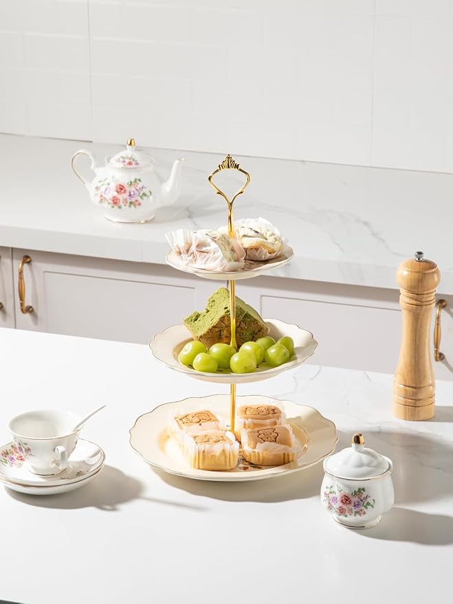 Sweejar 3 Tier Ceramic Cake Stand Wedding, Dessert Cupcake Stand for Tea Party Serving Platter(Flower Style)
