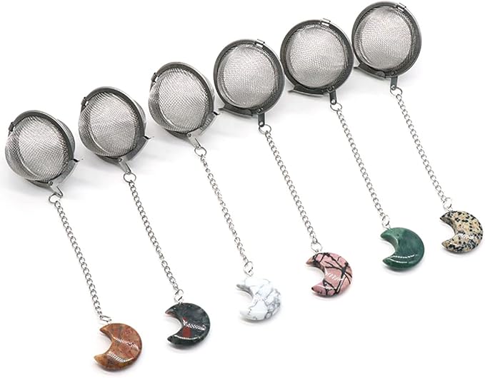 5 Pcs Tea Filter Stainless Steel with Moon Crystal Energy Stone Tea Strainers with Fine Mesh Extend Chain Hook Tea Ball Infuser for Loose Tea Leaves Spices Seasonings