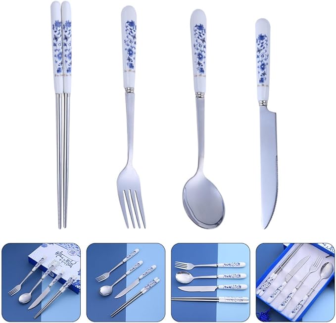 Luxshiny Blue and White Porcelain Flatware Set – Stainless Steel Fork, Spoon, Knife, and Chopsticks – Household Flatware Serving Kit for Home Dining and Party Use, 4pcs Tableware Set