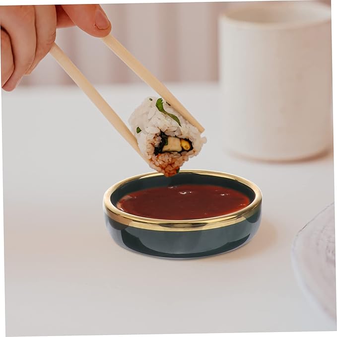 PRETYZOOM 4Pcs Ceramic Condiment Dishes Gold Trim Small Sauce Plates for Seasoning and Dipping Elegant Appetizer Bowls for Parties and Entertaining Random Color