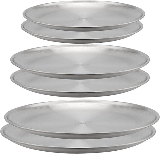 MOUYAT 6 PCS Stainless Steel Plate Set, 8 In 10 In 12 In Round Metal Dinner Plates,Round Salad Plates Reusable Metal Dinner Dish for Serving Camping Outdoor BBQ Home Kitchen, Polished silver