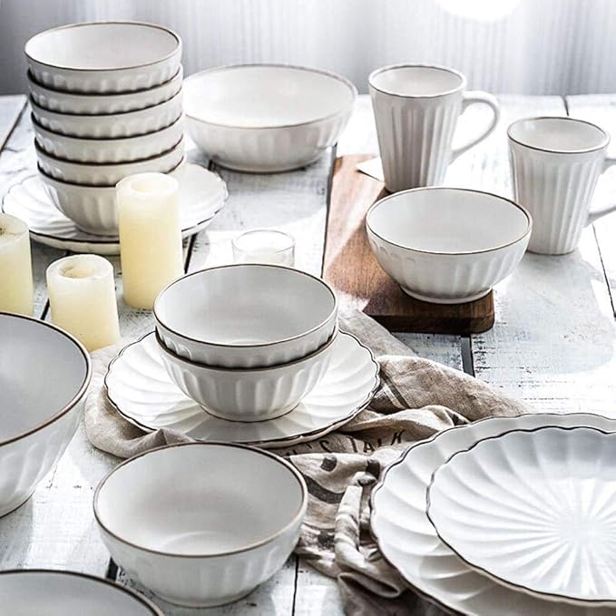 Elegant Pottery Tableware,35 Pieces Simplest White Ceramics Plates Bowls Combination Porcelain Petal Shape Combination Set