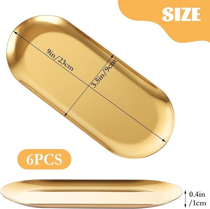 6PCS Stainless Steel Serving Tray Set Gold Platters for Serving Food Small Metal Tray Decorative 9" Long Plate Oval Storage Tray Thickened Serving Dishes for Entertain Party Buffet Sushi Snack
