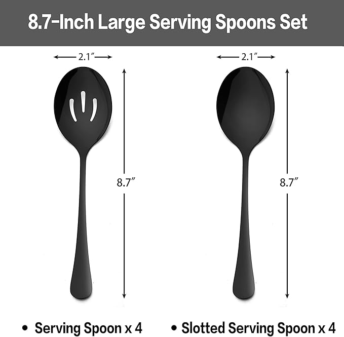 LIANYU 8-Piece Black Serving Spoons, Black Slotted Serving Spoons, 8.7Inch Stainless Steel Serving Utensils for Party Buffet Restaurant Banquet Dinner Catering, Dishwasher Safe