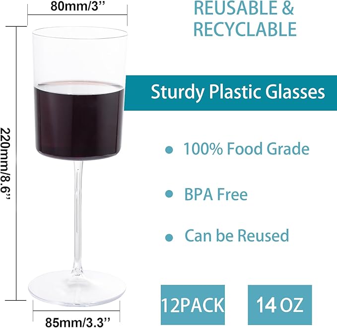 Ciaell 12 Pack Clear Plastic Wine Glasses - 14Oz Plastic Wine Glasses with Stem - Disposable Stemmed Wine Glass for Parties & Weddings & Outdoor