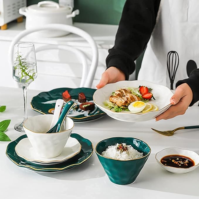 Classic 52 Pcs Dinnerware Sets, Nordic Style Bone Porcelain Tableware Set with Plates Dish and Bowls, Green White Ceramic Dinner Set with Gold Rim for Home Kitchen,