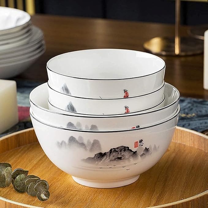Chinese Dinnerware Set for 4/6/12, Black and White Plates and Bowls, Porcelain, 18 Pieces