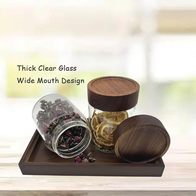 Clear Glass Storage Canister with Airtight Wooden Screw Lid 11oz/350g 2 PACK with Tray,Decorative Container Jar for Coffee,Spice,Candy,Salt,Cookie,Condiment,Pepper,Sugar,Overnight Oatmeal