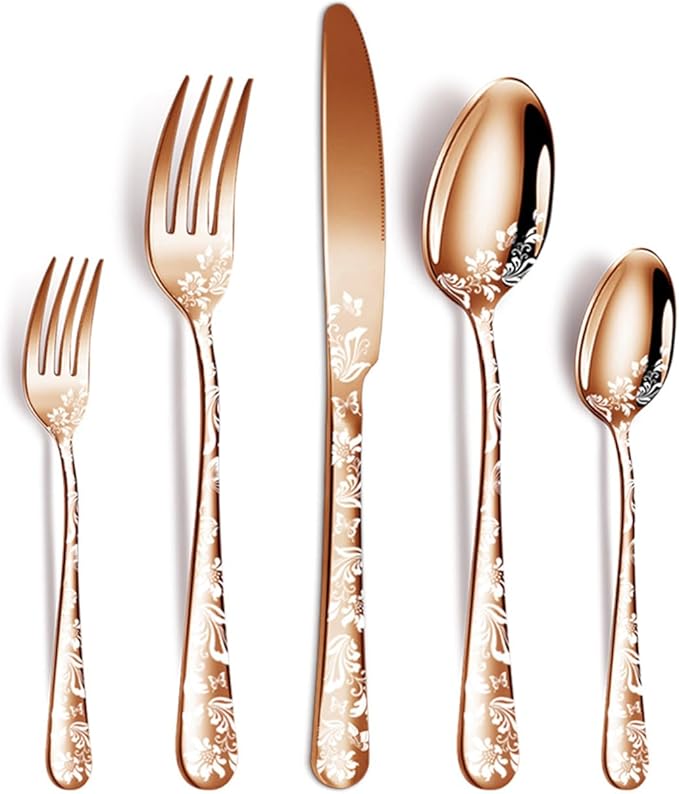 XIAOYU 5 Pieces Silverware Set, Black Flatware Set, Stainless Steel Mirror Polished Cutlery Set, Spoons Forks Knives Set with Unique Floral Laser, Rose Gold
