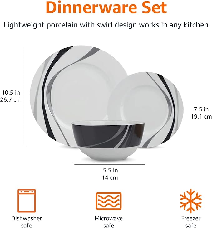 Amazon Basics 18-Piece Complete Kitchen Dinnerware Set, Microwave and Dishwasher Safe, Plates, Dishes, Bowls, Swirl, Heat Resistant, Service for 6, Everyday Use