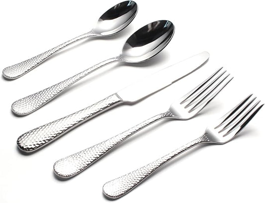 20-Piece Forged Hammered Stainless Steel Flatware Cutlery Set for 4, SXY INOX Shape of Water Drop Includes Dinner Knives/Forks/Spoons,Tea Spoons, Salad Forks, Mirror Polished - Dishwasher Safe