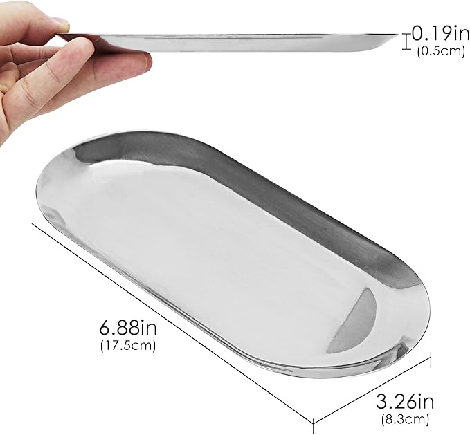 Oval Vanity Tray, Storage Organizer, Stainless Steel Tray for Jewelry, Makeup Cosmetic, Towel Napkin, Food (2 Pack Silver)